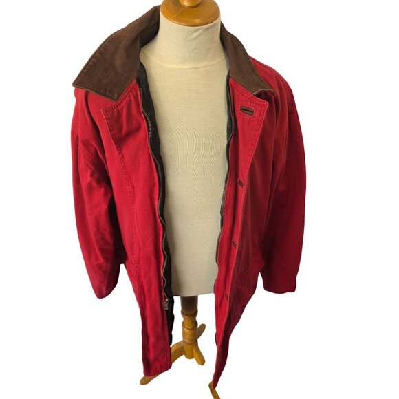 Marlboro Red Canvas Barn Coat Jacket Sz M Leather Detail Brass Buttons - Picture 4 of 13